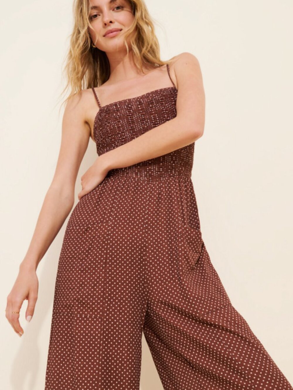 Anthropologie Karlee Linen Blend Jumpsuit Brown Wide Leg Relaxed Casual Boho M